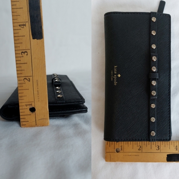 Kate Spade Bifold Rhinestone Bow Black Leather Wallet Snap Button Zip - Picture 12 of 13